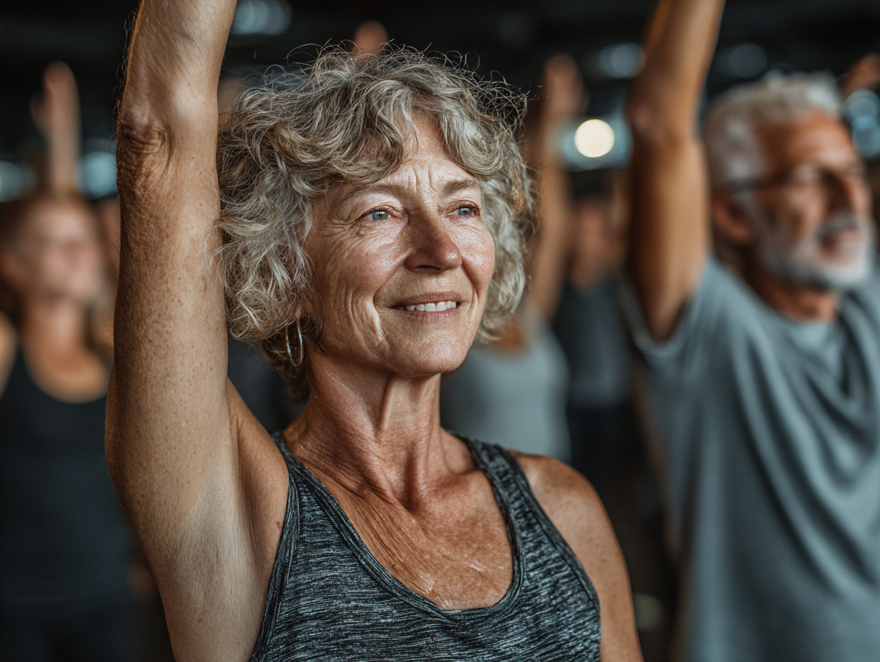 Група старших людей займається фітнесом з тренером