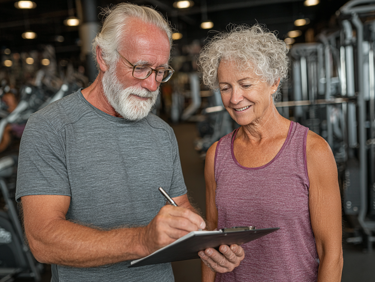 Пара старших людей тренується з смарт-годинниками